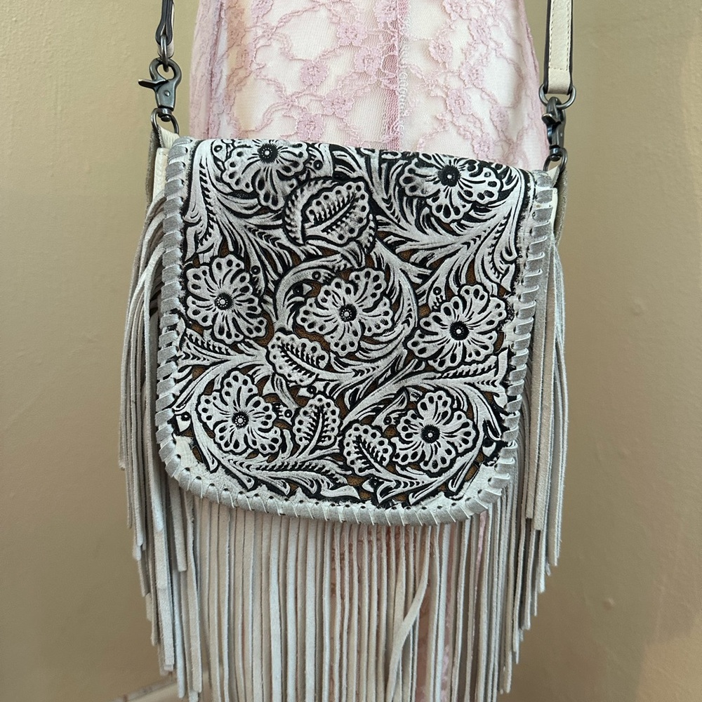 Floral Fringe Crossbody Bag - Black and White